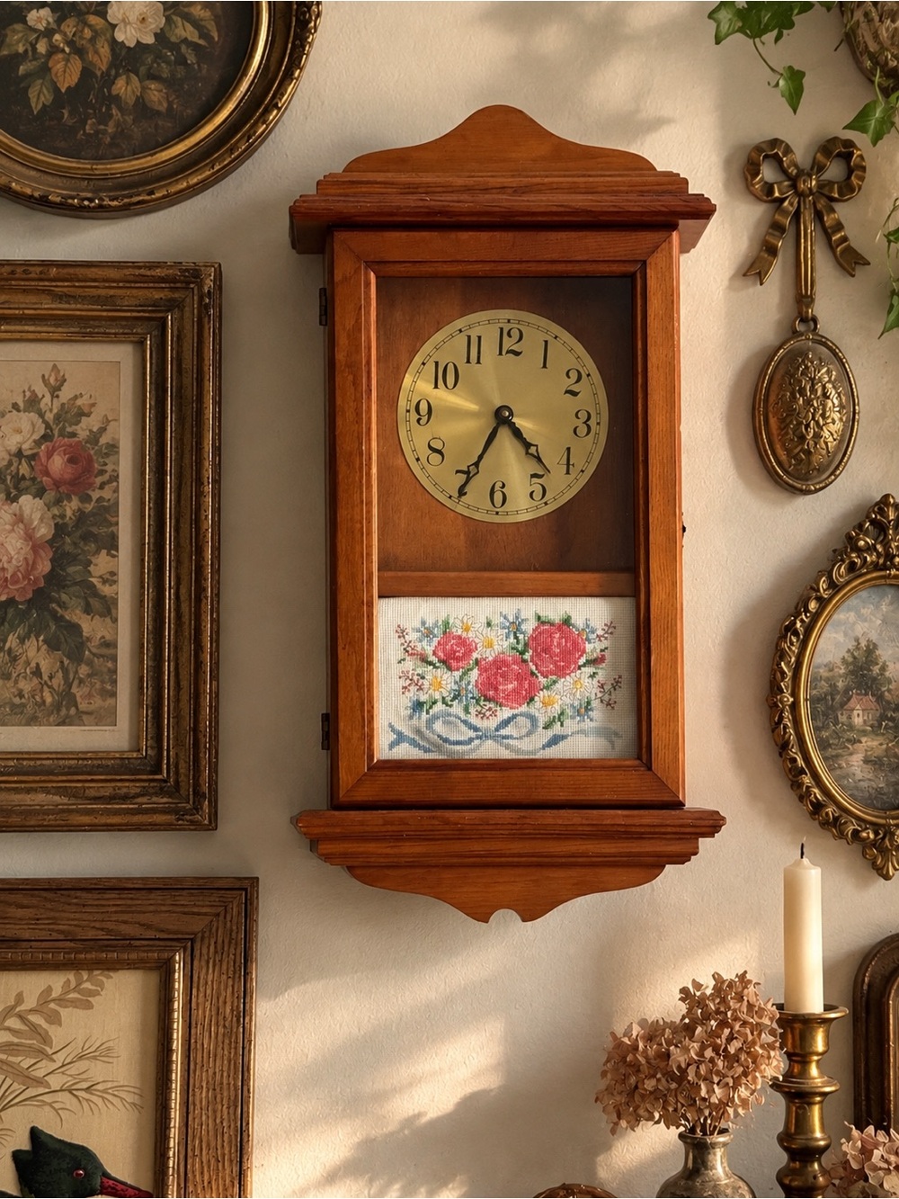 Vintage Wooden Wall Clock with Needlepoint Flowers